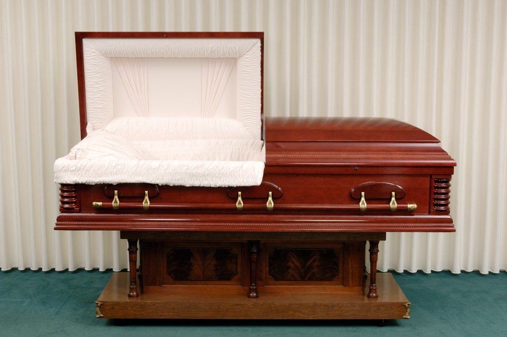 Wooden casket in a funeral home