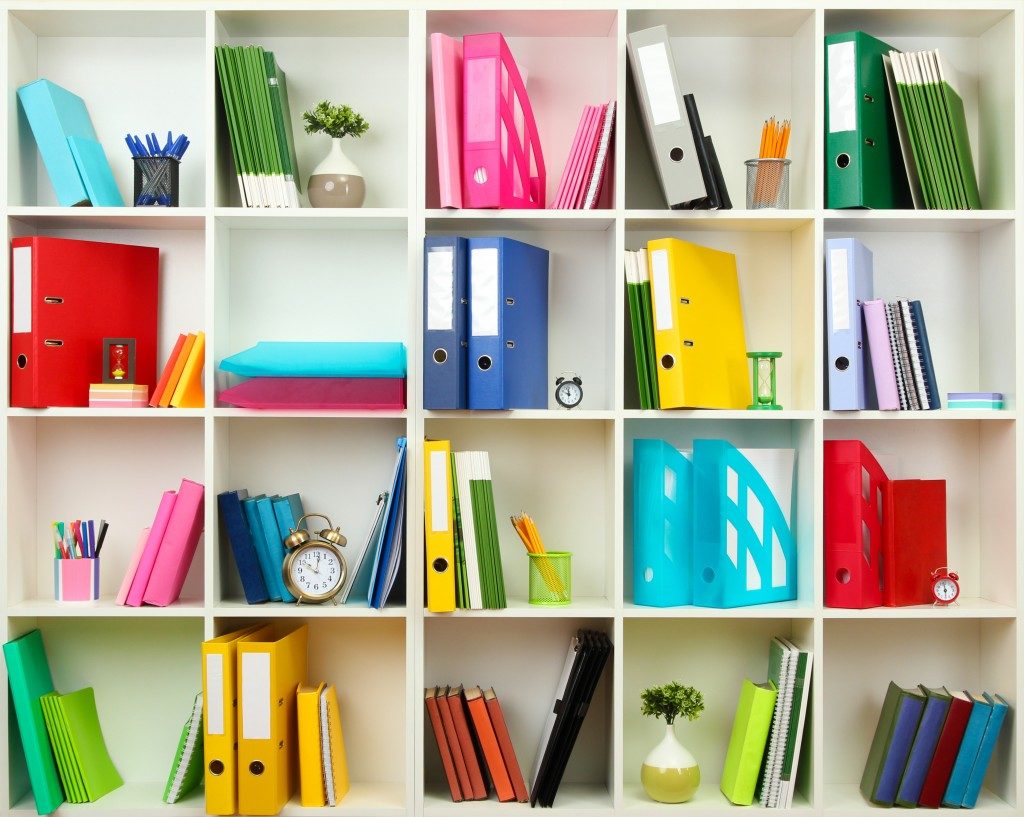 White office shelves with stationery