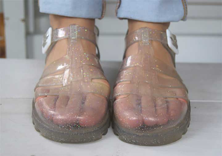 wearing transparent jelly shoes