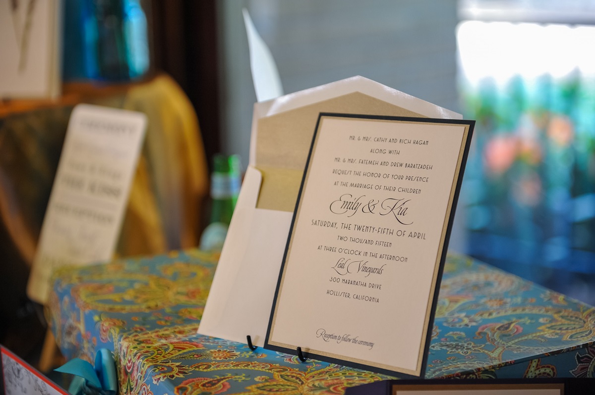 wedding invitations on the counter